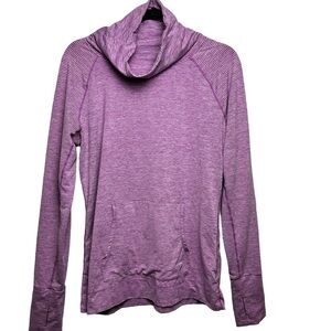 GAP FIT COWL NECK TOP PURPLE WHITE STRIPE KANGAROO POCKET SIZE LARGE LONG SLEEVE
